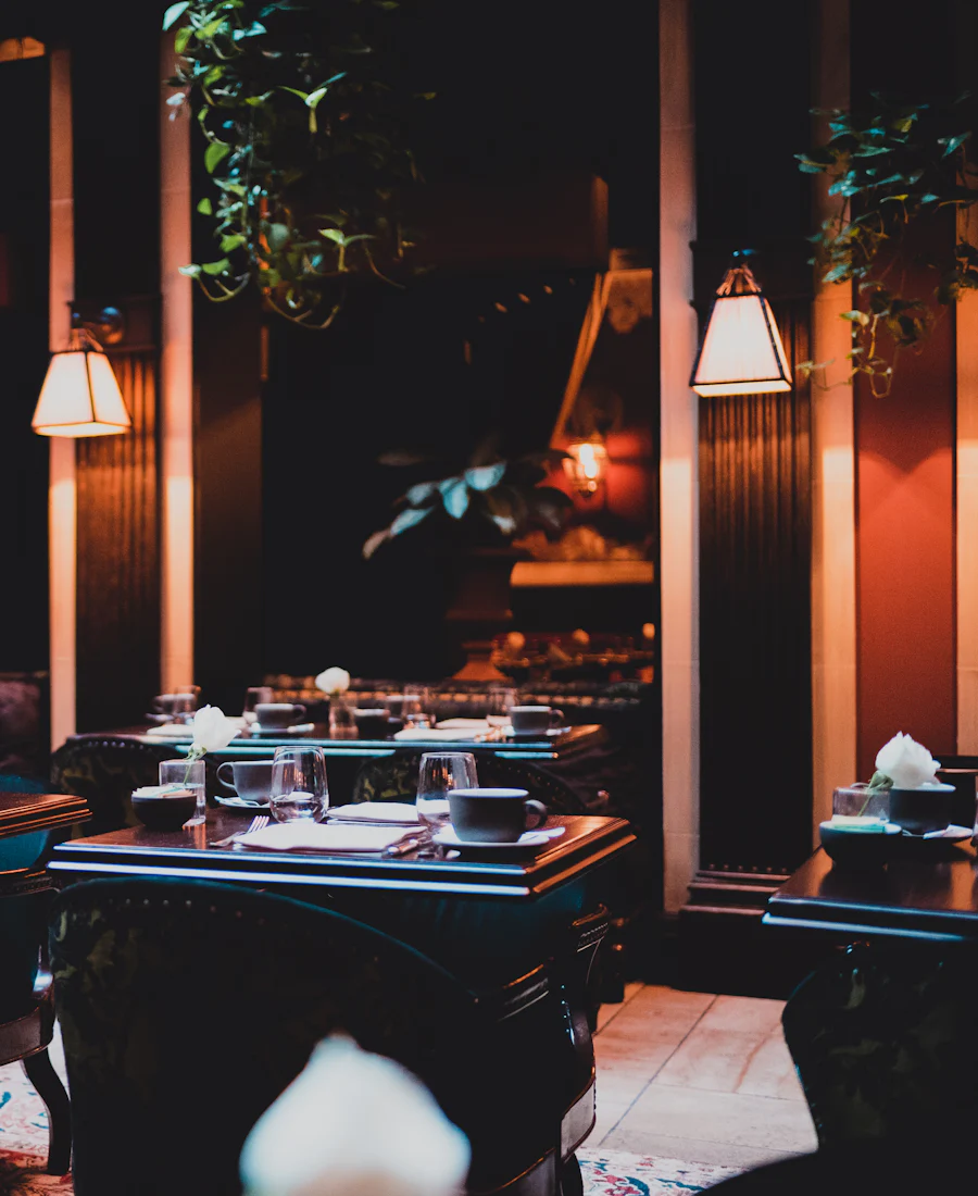 Restaurant dining room prepared for service